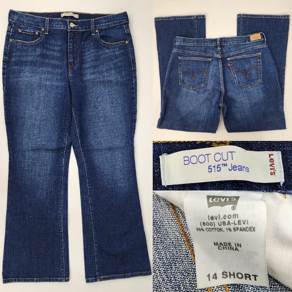 Levis Womens 14 Short 34x29 Indigo Blue Dark Wash Mid Rise 515 Boot Cut Jeans